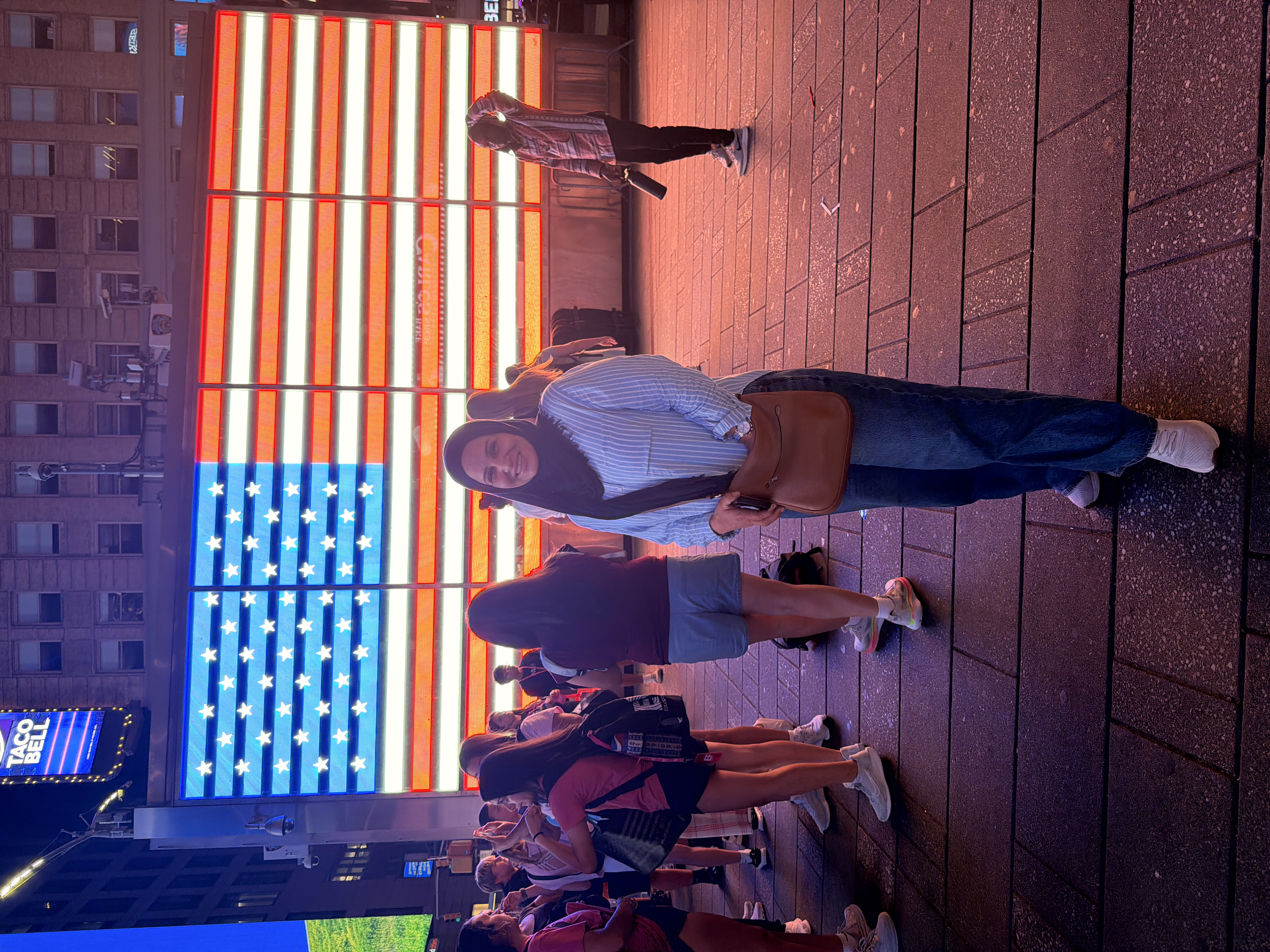Illuminated American flag wall in Times Square