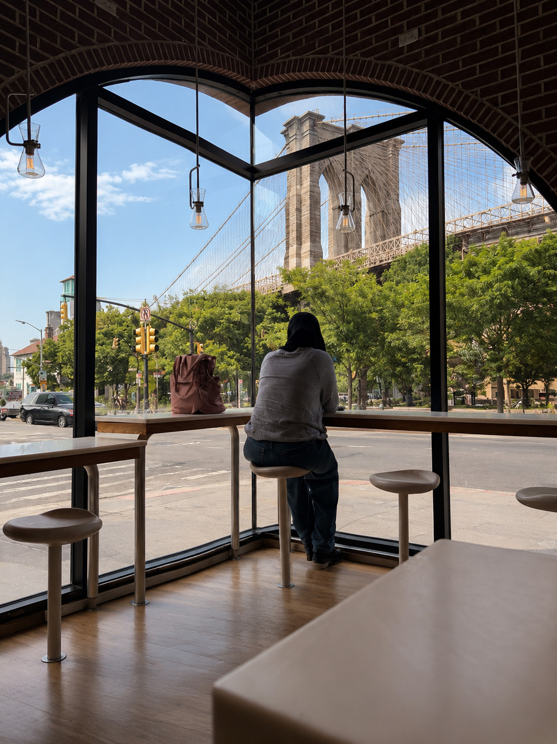 Cafe window seat with a view of the Brooklyn Bridge